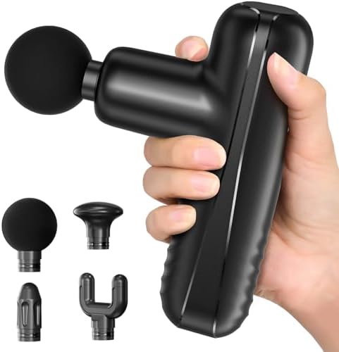 Mini Massage Gun, Powerful Handheld Muscle Massager for Muscle Relaxation, Deep Tissue Percussion Small Massage Gun Travel Massager with 4 Massage Heads Silent Brushless Motor, Black by PENJOY