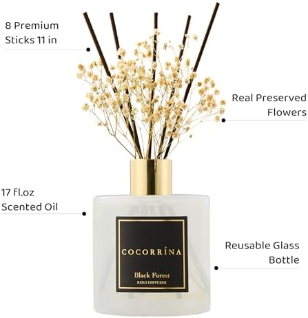 COCORRÍNA Reed Diffuser - Black Forest 17 Fl.oz Reed Diffuser with 8 Sticks Scented Diffuser with Preserved Flowers for Bathroom Home Decor - Image 3