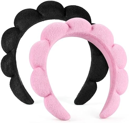 Ztomine Spa Headbands for Washing Face or Facial, Set of 2 Skincare Headbands, Terry Cloth Headband Wash Combo Pack - Puffy Makeup Washing, Mask, Skin Treatment (Black & Pink) by Ztomine