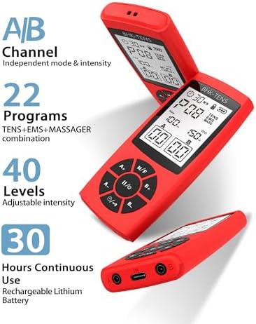 Rechargeable TENS Unit Machine for Pain Relief Therapy, Electronic EMS Muscle Stimulator for Shoulder Pain Relief, TENS&EMS Stimulator for Back Pain, Shoulder Neck Pain Relief, Sciatica Pain, red - Image 2