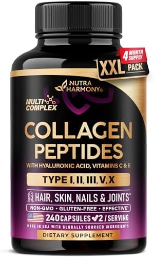 Multi Collagen Peptides 1300mg - Hydrolyzed Types I II III V & X - 240 Caps by NUTRAHARMONY