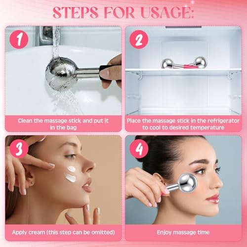 Baderke 2 Pcs Ice Globes for Face Stainless Steel Cooling Globes Unbreakable Cooling Roller Women Ice Balls Cryo Sticks Facials Skin Care for Dark Circles, Puffiness(Silver (Pink Handle)) - Image 3