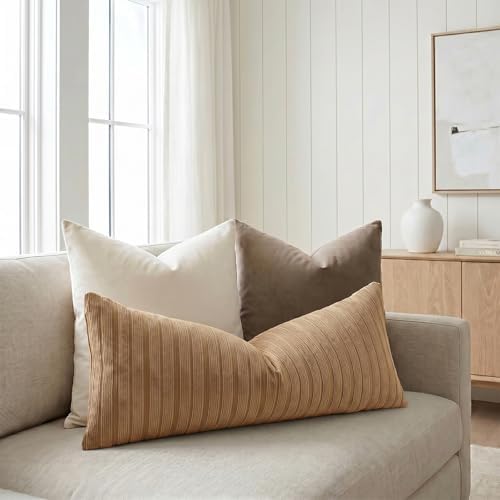 DEZENE 14x36 Brown Lumbar Pillow Covers Soft Striped Corduroy Rustic Farmhouse Rectangular Long Body Pillow Cases for Couch Sofa Bedroom Living Room Home Decor - Image 5