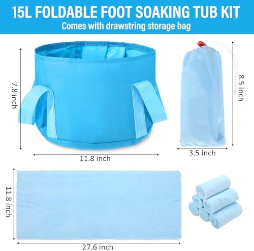 FillTouch 12 Pcs 15L Foldable Foot Soaking Tub Kit Portable Foot Bath Tub for Soaking Feet with Towel and Storage Bag Soak Spa Bucket for Travel Camping (Blue) - Image 2