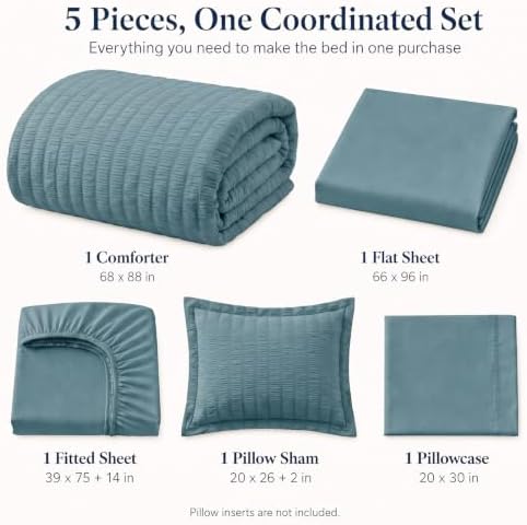 CozyLux Twin Comforter Set, 5 Pieces Mineral Blue Seersucker Bed in a Bag - Image 2