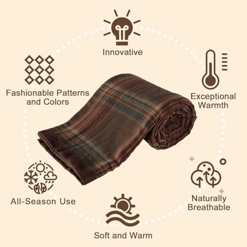 YOUR MOON 100% Merino Wool Blanket, Twin 66 x 90 in, Plaid Brown - Image 3