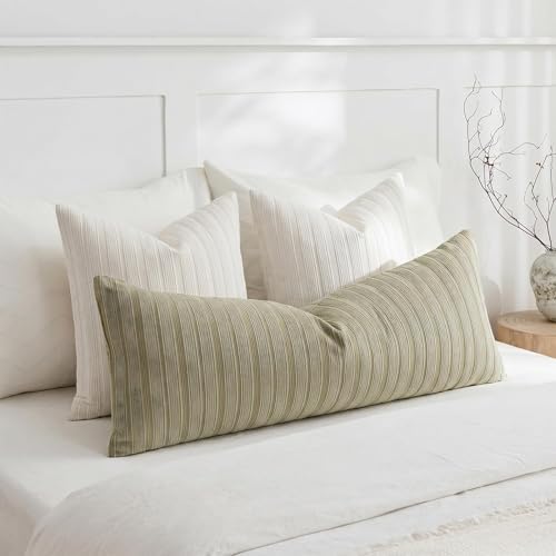DEZENE 14x36 Olive Green Lumbar Pillow Covers Soft Striped Corduroy Spring Summer Outdoor Rectangular Long Body Pillow Cases for Couch Sofa Bedroom Living Room Home Decor - Image 4