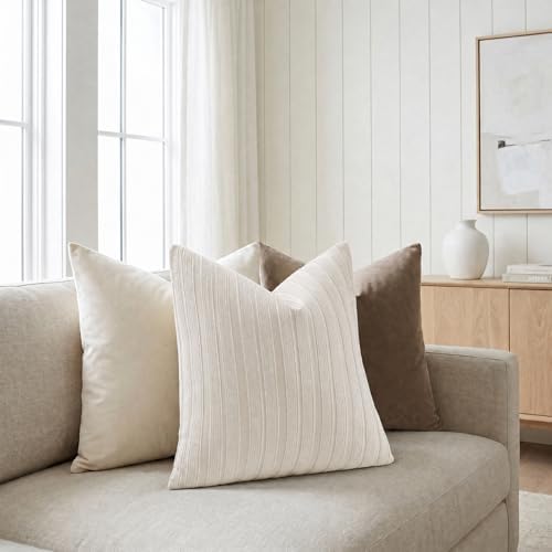 DEZENE 18x18 Beige Throw Pillow Covers Pack of 2 Soft Striped Corduroy Square Neutral Pillow Cases for Couch Sofa Bedroom Living Room Home Decor - Image 4