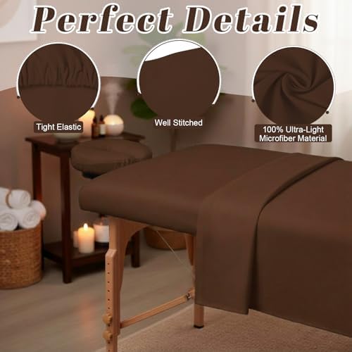 Oudain 4 Sets 3 Piece Soft Microfiber Massage Table Sheets Set Bulk Includes Massage Flat Sheet and Fitted Sheet and Face Rest Cover(Chocolate) - Image 3