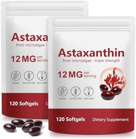 Astaxanthin Supplements 12mg - 120 Softgels | Premium Natural Antioxidant from Microalgae | Eye, Skin, Brain, Joint, Heart & Immune Health Support | Non-GMO, Gluten-Free by Unknown
