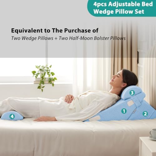 Bedluxe Adjustable 4pcs Bed Wedge Pillow Set, Memory Foam Wedges Pillow Post Surgery for Back, Neck, Leg Pain Relief, Pillows Wedge for Sleeping, Sitting up in Bed, Acid Reflux and GERD, Light Blue - Image 5