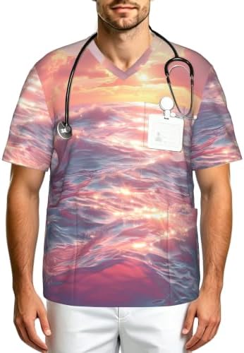 Men's Scrub Top,V-Neck Spill Wrinkle Resistant,3 Pockets-Ocean Waves At Sunset by Unknown