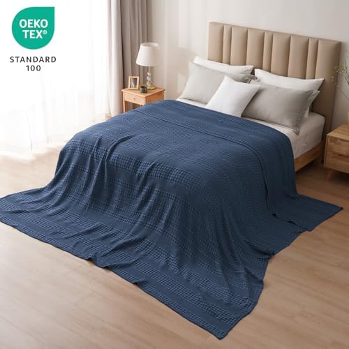 PHF Lightweight 100% Cotton Waffle Blanket, Oversized King, Blue Sapphire - Image 5