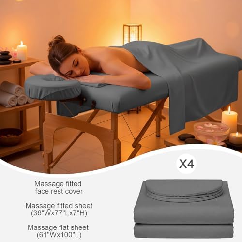 Oudain 4 Sets 3 Piece Soft Microfiber Massage Table Sheets Set Bulk Includes Massage Flat Sheet and Fitted Sheet and Face Rest Cover(Cool Grey) - Image 2
