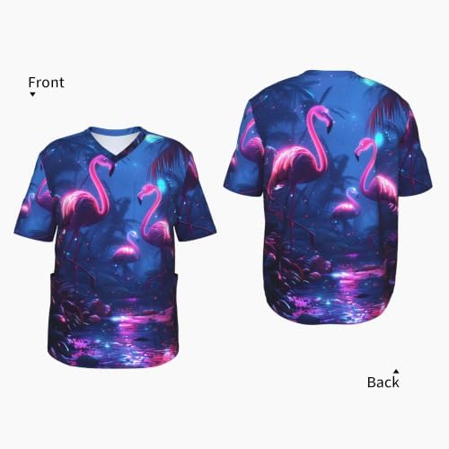 Men's Scrub Top,V-Neck Spill Wrinkle Resistant,3 Pockets-Flamingo Paradise Neon Night (1) - Image 4