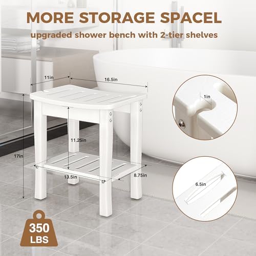 FLYJOE Shower Bench for Shaving Legs, Waterproof HDPE Chair Seat With Storage Shelf and Handles, Spa Stool for Bath Tub Bathroom Indoor Outdoor Use, White - Image 3