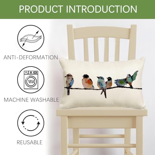 RABUSOFA 12x20 Lumbar Pillow Decorative Throw Pillows,Small Hand-Painted Outdoor Birds Pillowcases,Spring Summer Pillows Decorative Throw Cushion Covers Linen for Couch Sofa Teal Blue - Image 6