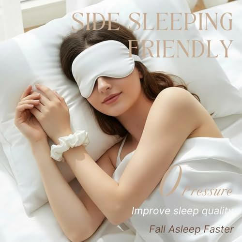 White Sleep Eye Mask, Blackout Silk Satin Travel Blindfold Set Women - Image 2