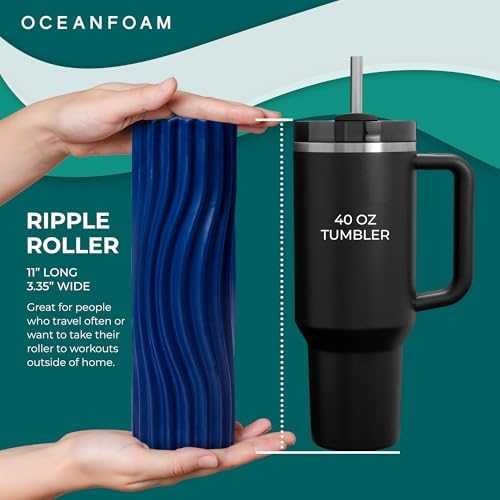 Oceanfoam Ripple Travel Foam Roller (11" x 3.35") Firm Mini Foam Roller for Physical Therapy, Deep Tissue Massage, Back Pain - High Density, Ergonomic Wave Textured - Yoga, Exercise (Royal Blue) - Image 2