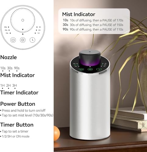 Waterless Essential Oil Diffuser Aromatherapy Scent Diffusers for Home Large Room, Bedroom, Car, Office, Desk, Battery Operated Mini Portable Air Freshener, 3 Countdown Timers & 3 Mist Levels, Silver - Image 4