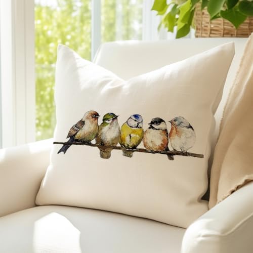 RABUSOFA Watercolor Birds Pillows Decorative Throw Pillows 18x18,Hand-Painted Oil Painting Rustic Birds Square Pillow Cases,Cute Colorful Spring Summer Decorations for Home Couch Sofa Outdoor - Image 2