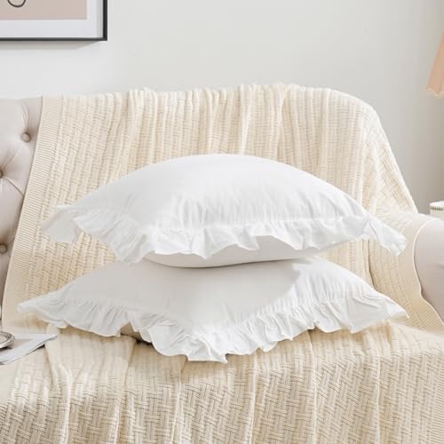 2 Pack 20"x20" Ruffle Throw Pillow Covers Farmhouse Off White Shabby - Image 2