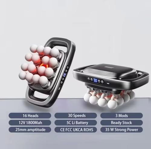 Massage Gun with 16 Heads, 30 Speeds, Red Light Therapy, Cordless Deep Tissue, Black, 12V 1800mAh Battery, 25mm Amplitude - Image 3