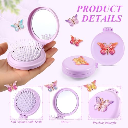 12 Pcs Purple Butterfly Mini Hair Brushes Folding Mirror Coquette Detangler Brush Bulk Round Compact Massage Scalp Comb for Purse Women Travel Team Gifts Trendy Stuff Party Favors - Image 2