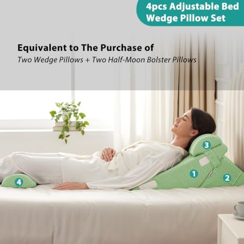 Bedluxe Adjustable 4pcs Bed Wedge Pillow Set, Memory Foam Wedges Pillow Post Surgery for Back, Neck, Leg Pain Relief, Pillows Wedge for Sleeping, Sitting up in Bed, Acid Reflux and GERD, Green - Image 5