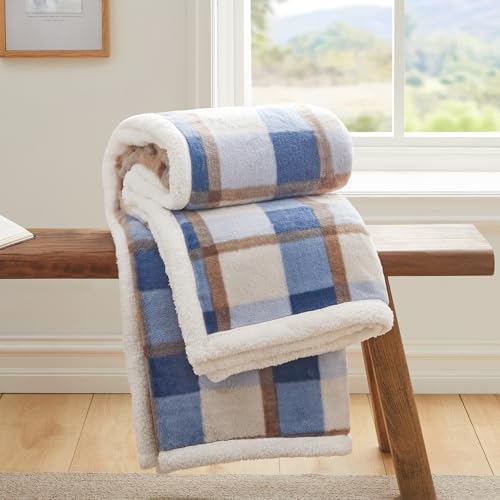 PU MEI Super Soft Faux Rabbit Fur Sherpa Fleece Throw Blanket, Reversible Luxury Cozy Cute Furry Blanket, Plush Warm Shaggy Fluffy Checkered Blankets for Sofa Couch Bed (Blue-Plaid, 80" x 90") - Image 6