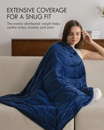 Weighted Lap Blanket for Adults, 7 lbs 41" x 53", Leaf Pattern, Navy Blue - Image 2