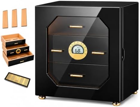 Woodronic Cigar Humidor Cabinet for 100 Counts with Digital Hygrometer, Crystal Gel Humidifiers, Spanish Cedar Lined Trays & Dividers, Polished Piano Black, Desktop Cigar Box Gift for Men by Woodronic