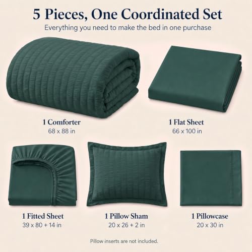 CozyLux Twin XL Comforter Set 5 Pieces Forest Green Seersucker Bed in a Bag - Image 2