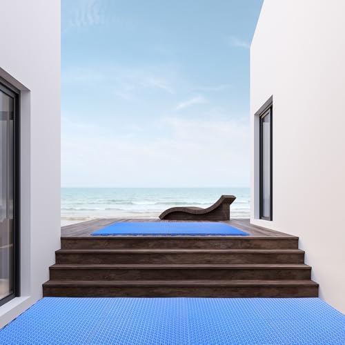 Huwena 100 Pcs Modular Interlocking Cushion Floor Tiles 10 x 10 Inch Non Slip Pool Floor Mat Blue Interlocking Rubber Draining Flooring Tiles with Hole for Drain Deck Patio Balcony Shower Kitchen - Image 4