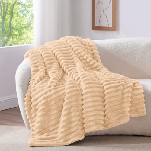 BEDELITE Ribbed Fleece Throw Blanket for Couch, Blush Sand, 50"x70" by BEDELITE