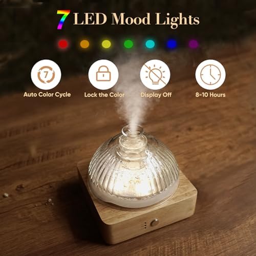 Glass Dome Essential Oil Diffuser with Glass Reservoir & Wood Base-No Plastic, 200ml Ultrasonic Diffuser for Aromatherapy with Timer 7 Color Light Auto-Off for Home Office Yoga Pilates - Image 4