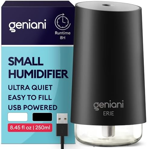 GENIANI Portable Small Cool Mist Humidifier – USB Powered (Not Rechargeable), Compact Desktop Humidifier for Plants, Office, Baby Room – Auto Shut Off & Night Light – Black, 0.25L by GENIANI