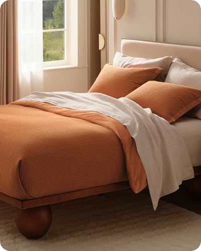 Bedsure PureWoven 3 Pieces Cotton Waffle Duvet Cover Set, King, Terracotta - Image 4