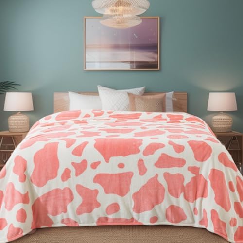 Richave Fleece Cow Print Blanket for All Season - Premium Lightweight Anti-Static Pink and Ivory Queen/Full Size Blankets, Bedroom Decor 90" x 90"(Pink Cow) by RICHAVE