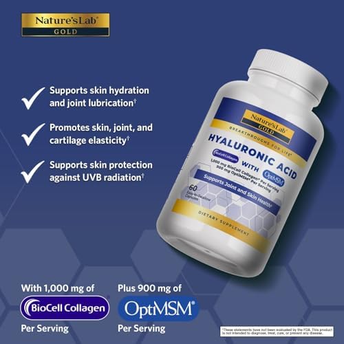 Nature's Lab Hyaluronic Acid with Biocell Collagen and MSM - Skin Hydration, Joint Health - 60 Capsules (20 Day Supply) - Image 2