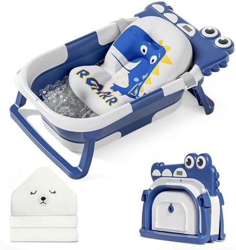 MoreFeel Collapsible Baby Bathtub for Newborn with Thermometer & 1 Hooded Towel & 1 Soft Floating Cushion,Portable Travel Bathtub with Drain Hole, Durable Foldable Baby Tubs for Infants to Toddler by Morefeel