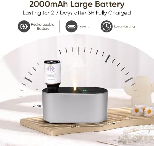 Lecdura Waterless Diffuser for Essential Oil, Battery Operated Scent Air Aromatherapy Diffuser, Mini Aroma Diffusers with 3 Intermittent Mist Modes, Cycle Start for Home Office Bedroom - Silver - Image 4