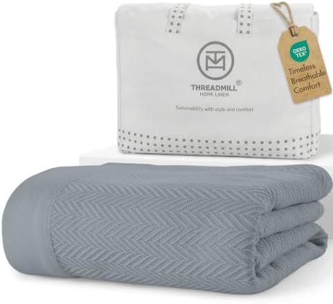 Threadmill Luxury 100% Cotton Twin Herringbone Blanket, Scottish Grey by ThreadmillHomeLinen