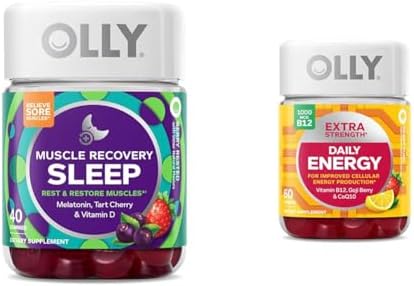 OLLY Muscle Recovery Sleep Gummies, Sleep and Sore Muscle Support, 3mg Melatonin & Extra Strength Daily Energy Gummy, Caffeine Free, 1000mcg Vitamin B12, CoQ10, Goji Berry by Unknown