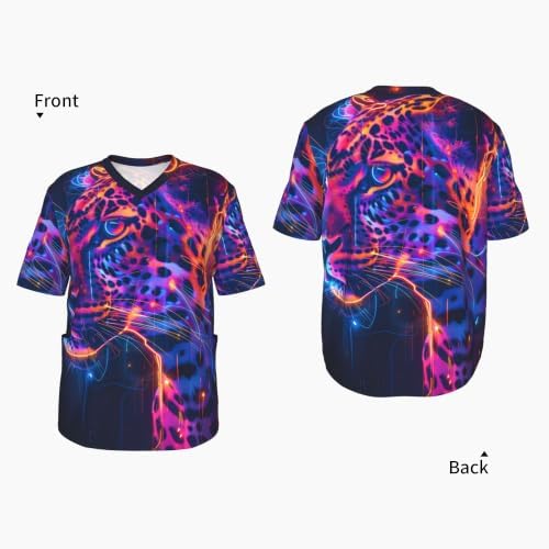 Men's Scrub Top,V-Neck Spill Wrinkle Resistant,3 Pockets-Leopard Neon (1) - Image 4
