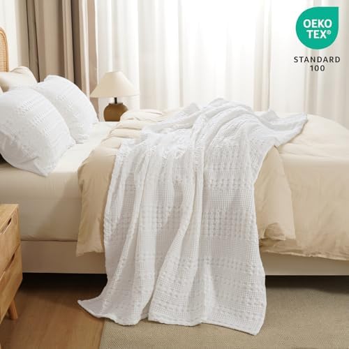 PHF Lightweight 100% Cotton Waffle Throw Blanket for Couch, White - Image 5