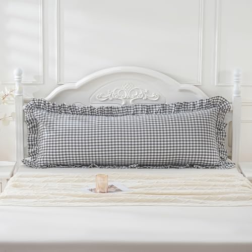 Grey/White Plaid Ruffled Checkered Body Pillow Sham 20x54 inches 1 Piece - Image 2