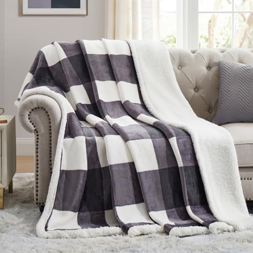 PU MEI Sherpa Blanket Fleece Throw Blanket Full Queen Plaid Thick Bed Blanket, Soft Warm Cozy Dark Grey Checkered Throw Blanket 80"*90" by HOME