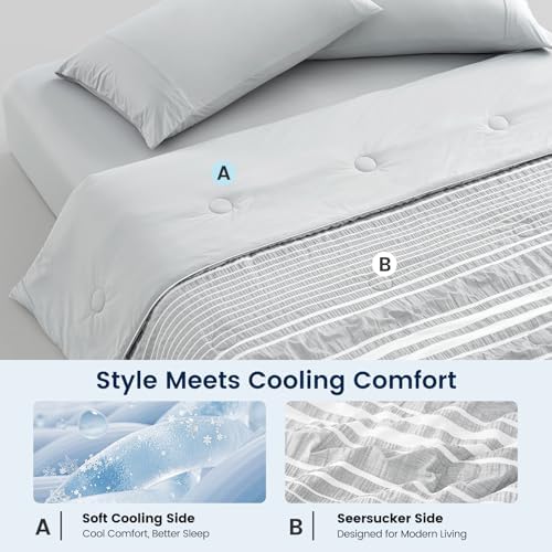 Cozy Bliss Cationic Dyed Seersucker Cooling Comforter Queen Size, Lightweight Airflow Silky Cooling Bedding with Q-Max>0.45 for Bedroom, Home Decor, Hot Sleepers & Night Sweats, Grey 90"x90" - Image 2