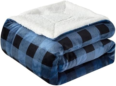 Elegant Comfort Luxury Ultra-Plush Velvet Touch Buffalo Plaid Fleece Throw - Soft, Warm, Cozy Micromink Sherpa-Backing Reversible Blanket for Bed, Sofa and Couch, Buffalo Blue by ELEGANTCOMFORT